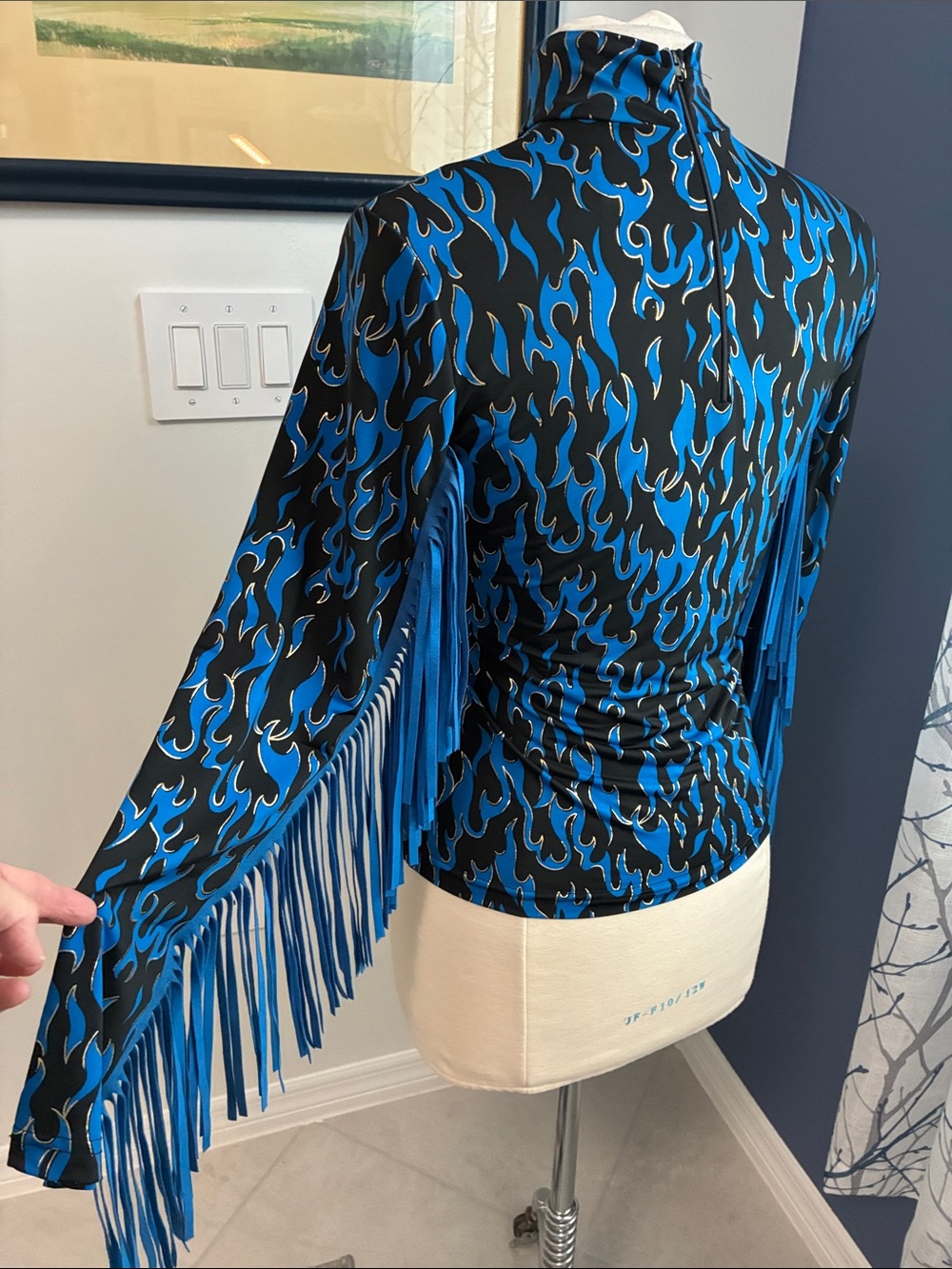 Hobby Horse Black & Blue Flame Print Mock Neck Top with Fringe